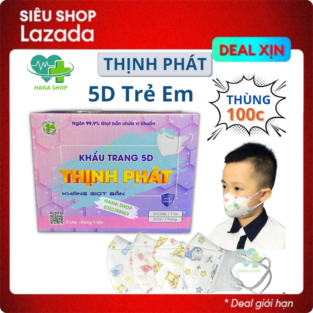 Thùng 100 Cái Khẩu Trang Trẻ Em 5D Mask Thịnh Phát Chính Hãng, 3 Lớp Kháng Khuẩn Cho Bé