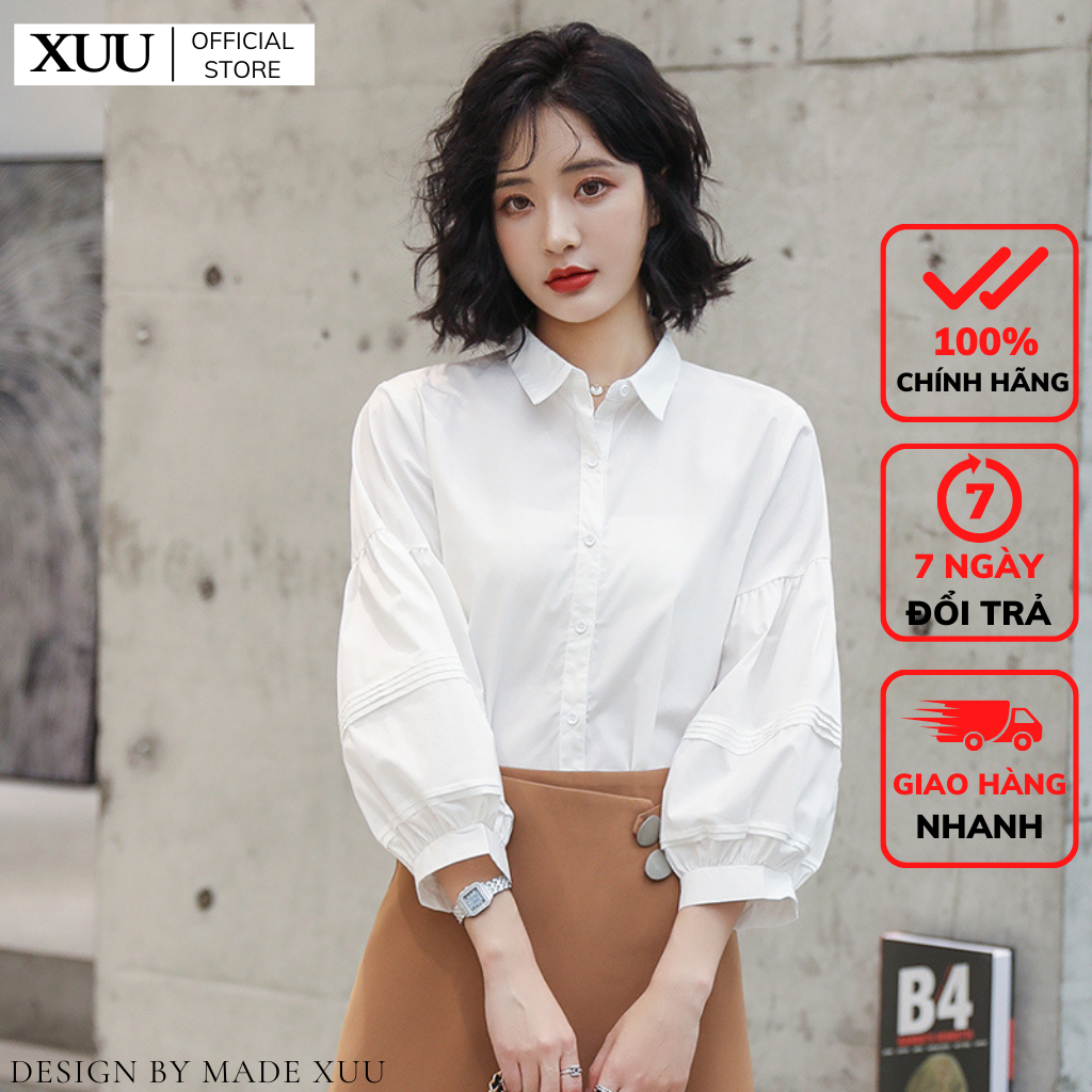 Áo Sơ Mi Nữ trắng tay bồng xếp ly Xuu, áo kiểu dáng suông SP22