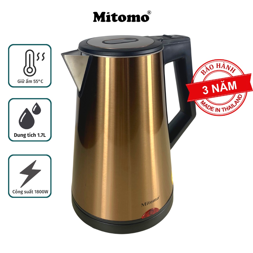 Ấm siêu tốc inox 3 lớp Mitomo ST-631 (1.7L), Ấm đun siêu tốc giữ nhiệt 55 độ C - Hàng chính hãng bảo hành 36 tháng