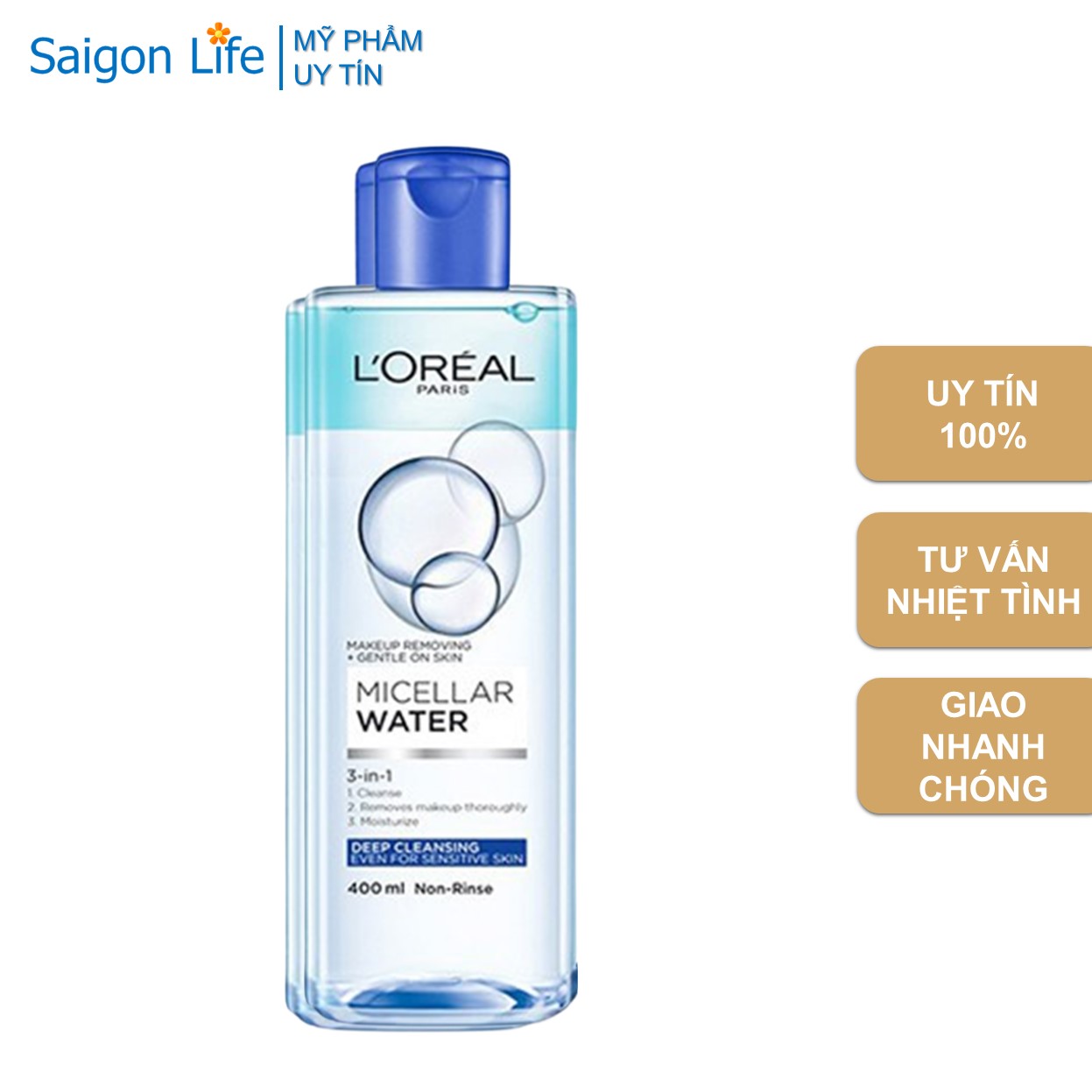 Nước Tẩy Trang Làm Sạch Sâu L'Oreal Paris 3-in-1 Deep Cleansing Micellar Water 400ml (Xanh Đậm)
