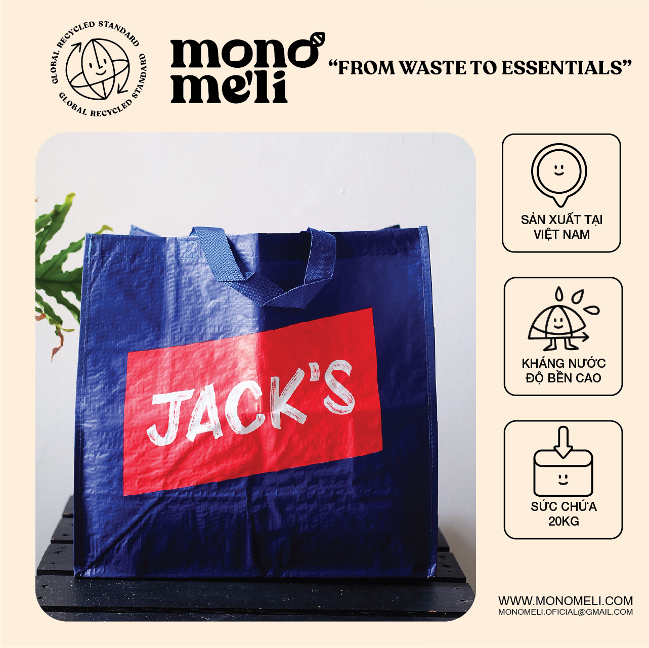 TÚI ĐI CHỢ vải dệt PP (41 x 39 x 20cm) tái chế thân thiện với môi trường (Jack's)