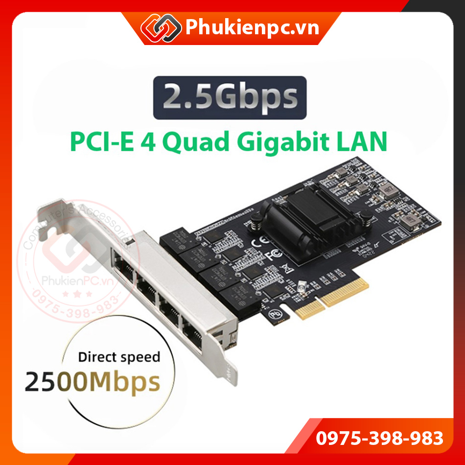 Card mạng PCIe 4x to 4 Port LAN RJ45 Ethernet 2.5 Gigabit cho máy tính bàn, server máy chủ, máy công nghiệp