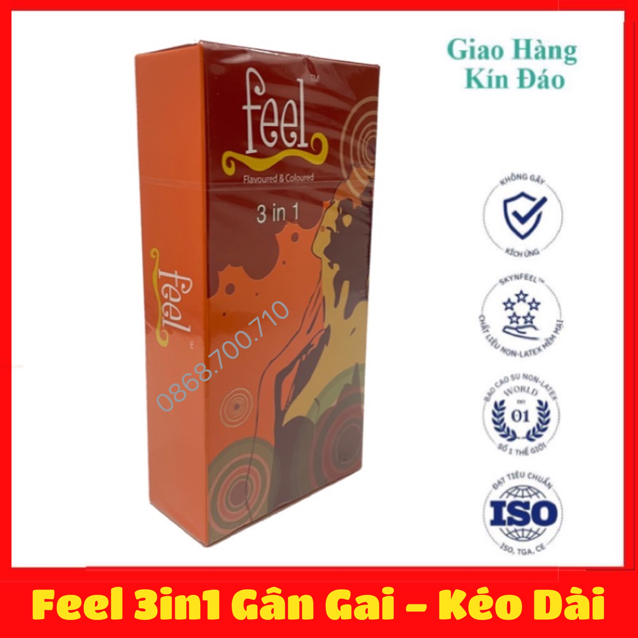 Bao cao su Feel 3 IN 1 Gân Gai - Siêu Mỏng - Kéo dài thời gian quan hệ hộp 12 cái