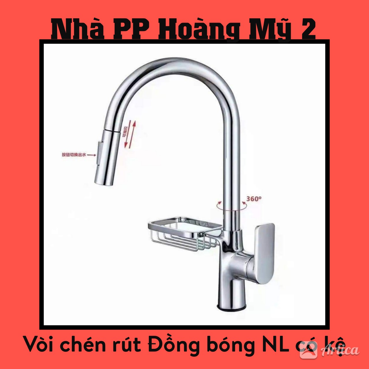 Vòi rửa chén bát rút dây Nóng Lạnh chất liệu Đồng thau bóng kèm Kệ