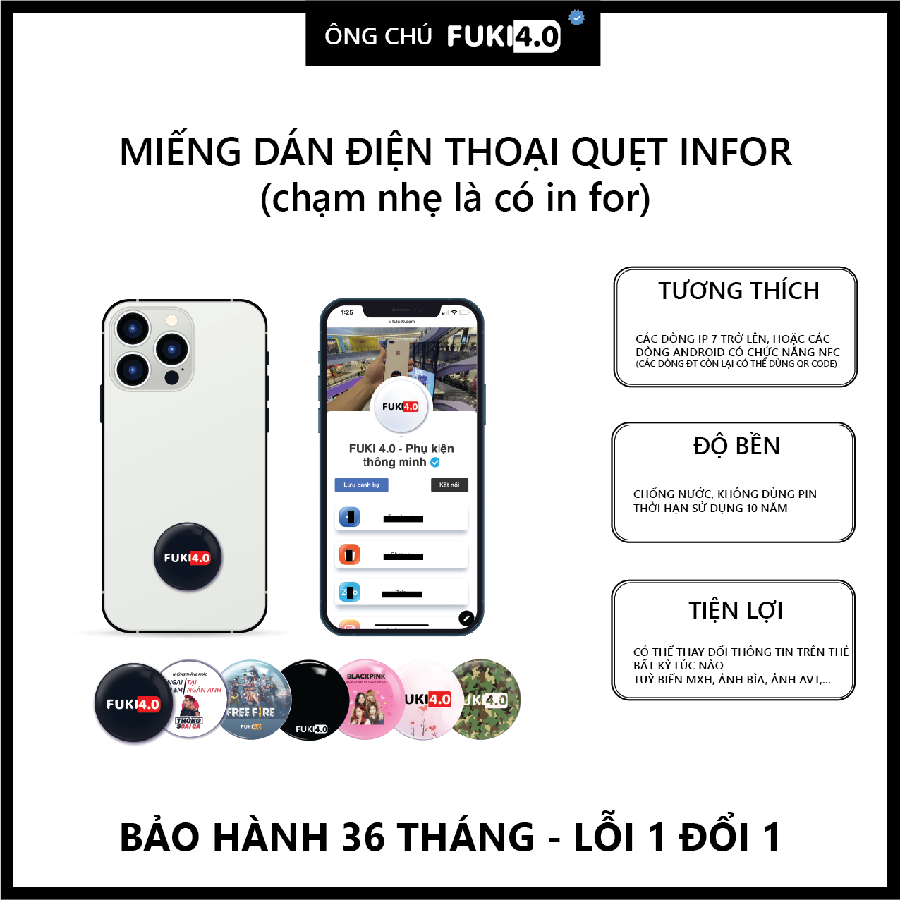 Sticker thông minh FUKI 4.0, Card visit thông minh dạng miếng dán điện thoại, chia sẻ thông tin 1 chạm