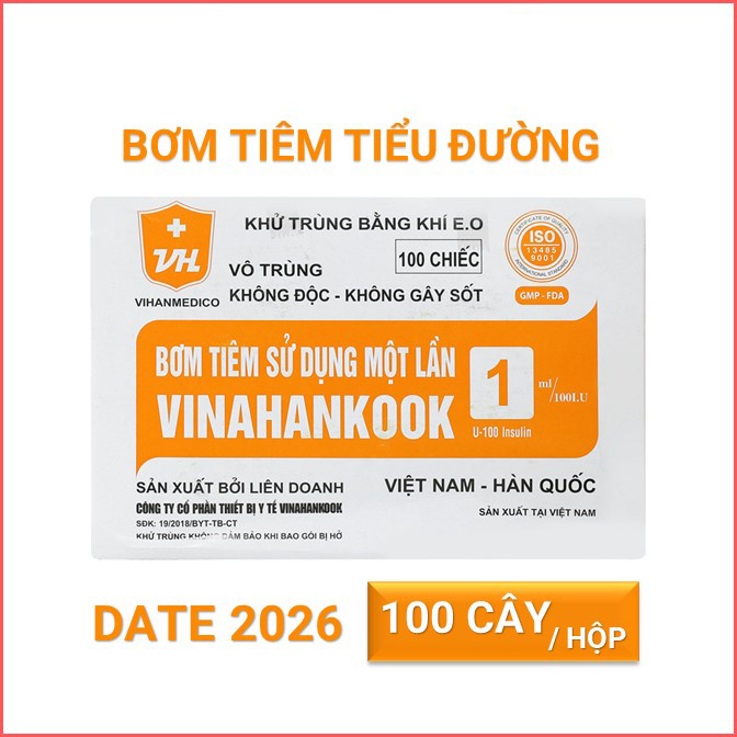Hộp 100 bơm tiêm tiểu đường vinahankook 1ml/100iu 30g 13mm tiêm meso prp