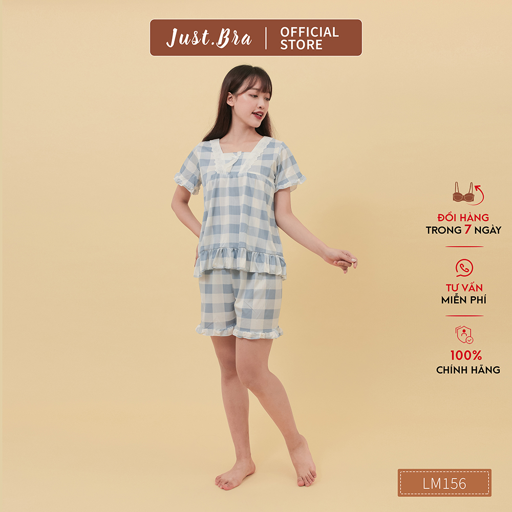Bộ đồ ngủ nữ Just Bra chất liệu thun gân cao cấp thấm hút mồ hôi, thiết kể kẻ caro trẻ trung LM156