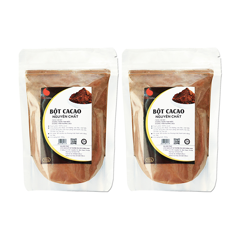 Bộ 2 gói Bột cacao nguyên chất 100% Light Cacao pha chế thức uống, làm socola - 100gr/gói Hỗ trợ tăng cân, giảm cân