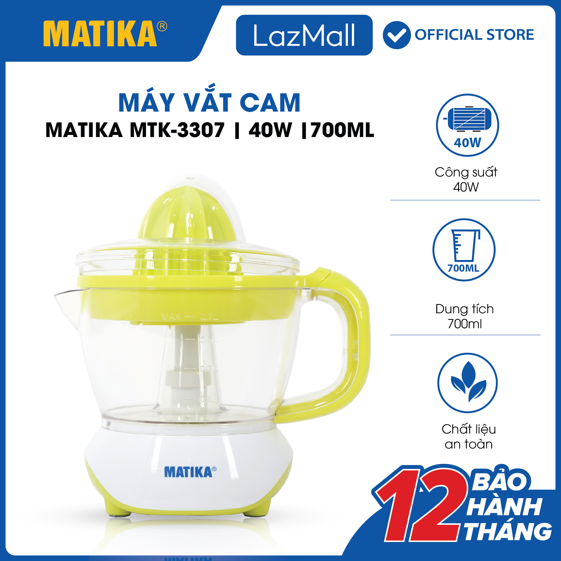 Máy vắt cam matika dung tích 700ml mtk-3307 - chất liệu nhựa cao cấp - 2 đầu vắt tiện lợi - bảo hành 12 tháng - hàng chính hãng