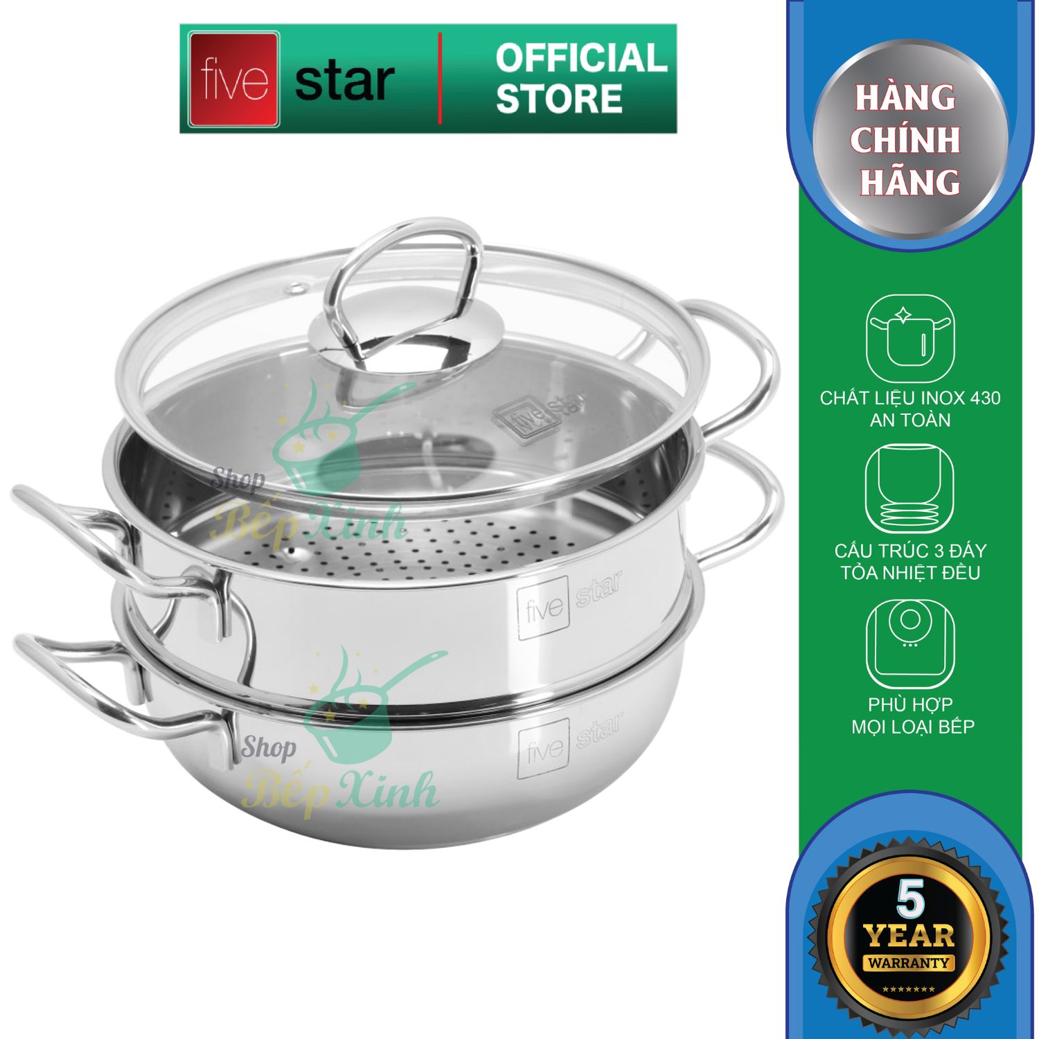 Nồi lẩu inox 430 cao cấp Fivestar Standard  nắp kính, 3 đáy sandwich ( 24cm / 26cm / 28cm / 32cm ) , dùng được mọi bếp , hàng chính hãng , bảo hành 5 năm