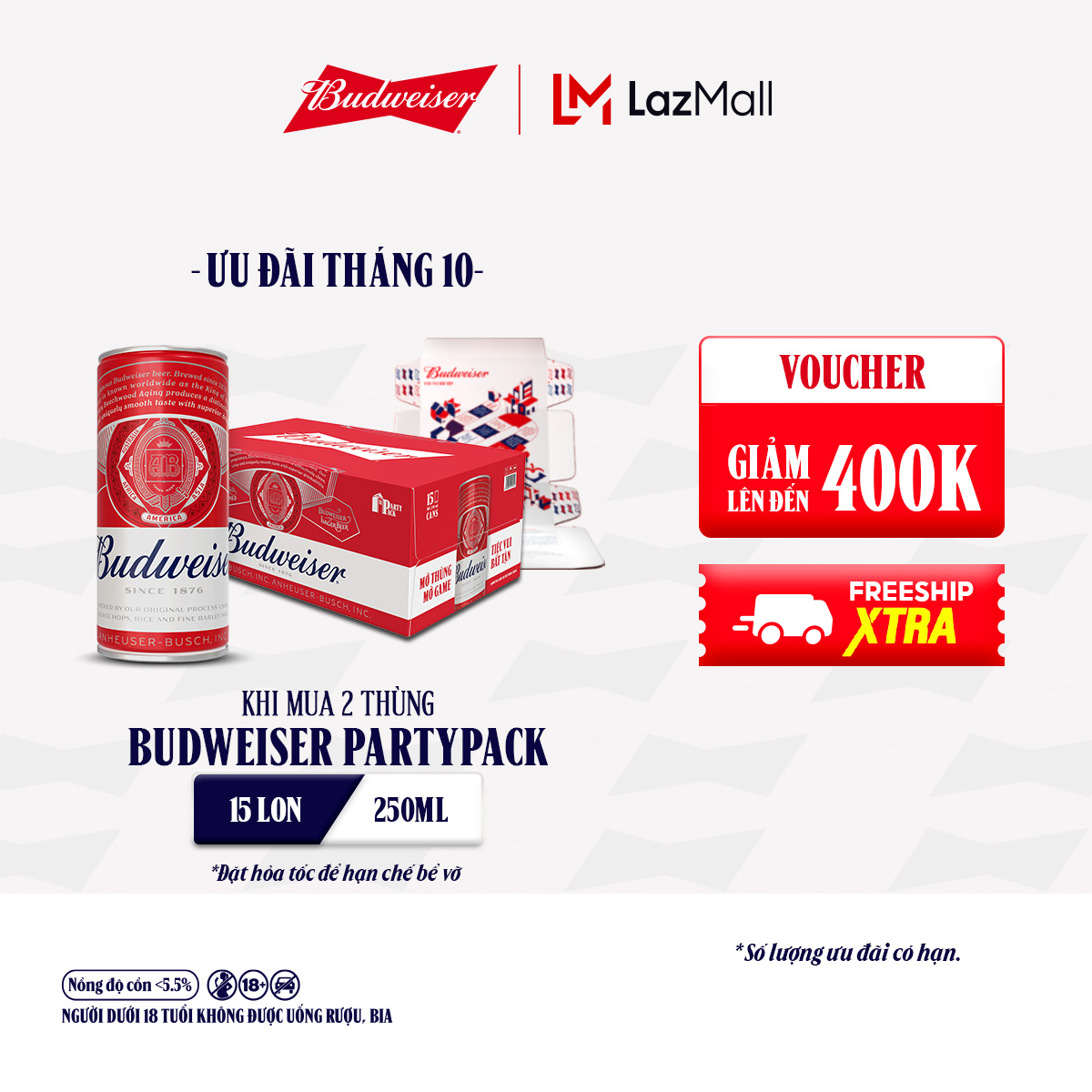 Combo 2 Thùng 15 Lon Bia Budweiser PartyPack Chính Hãng (250ml/lon) [Date T12.2025]