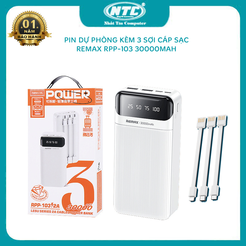 Pin dự phòng remax rpp-103 dung lượng 30000mah màn hình lcd - kèm 3 cáp sạc microusb/ typec/ lightning nhất tín computer