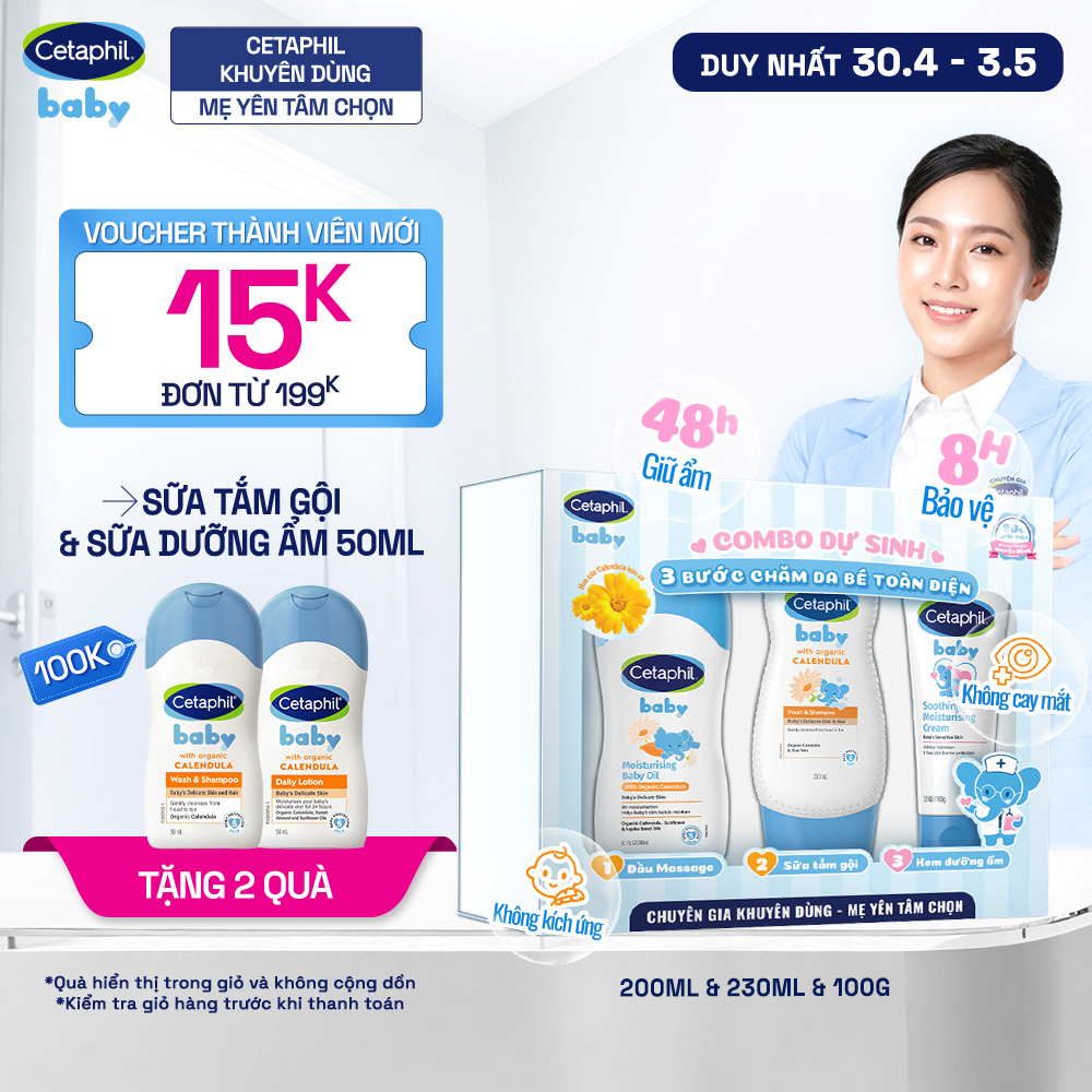 Combo dự sinh 3 bước chăm sóc da bé toàn diện Dầu Massage 200ML + Sữa tắm gội 230ML + Kem dưỡng ẩm 100G Cetaphil Baby
