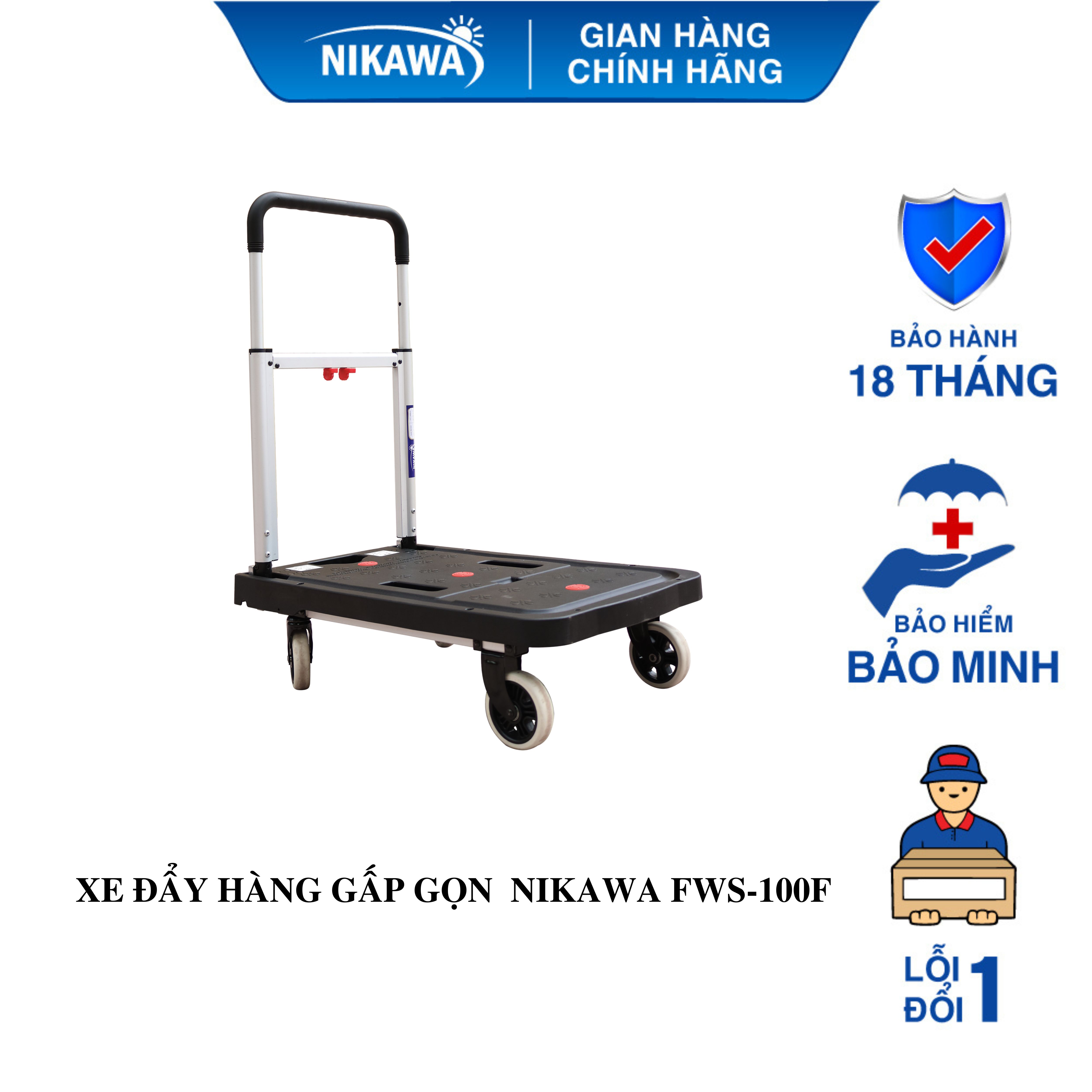 Xe đẩy hàng gấp gọn 4 bánh nikawa sàn nhựa cao cấp fws-100f tải trọng 137kg bảo hành 18 tháng