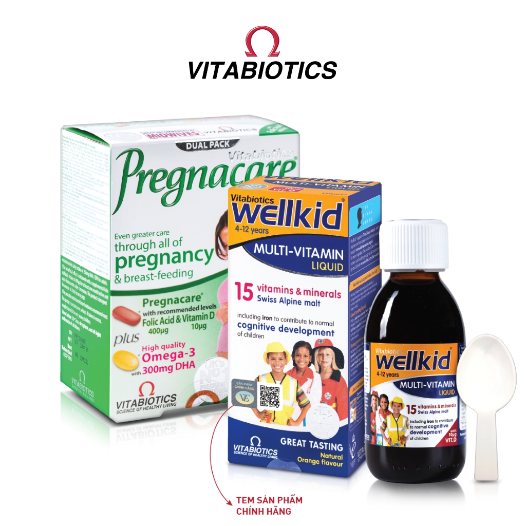 Bộ Sản Phẩm Vitabiotics Viên Uống PREGNACARE PLUS OMEGA-3 Cho Mẹ Mang Thai 56 Viên Và Siro WELLKID Cho Bé 150ml