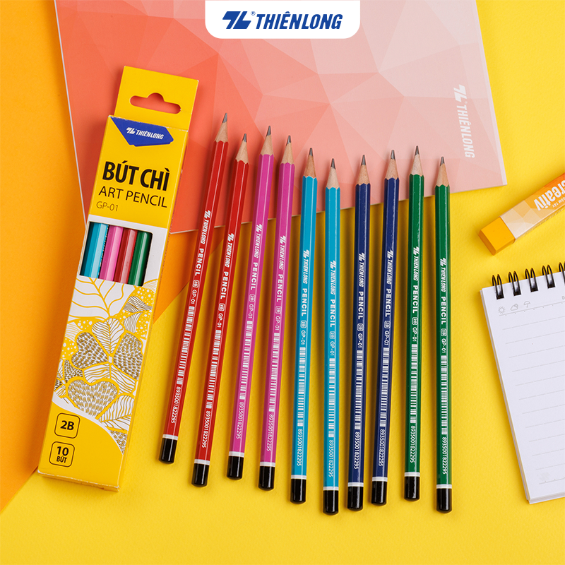 Combo 10 Bút chì gỗ Thiên Long GP-01, thân lục giác, độ cứng ruột chì 2B, màu đậm, viết êm và không gãy khi chuốt nhọn