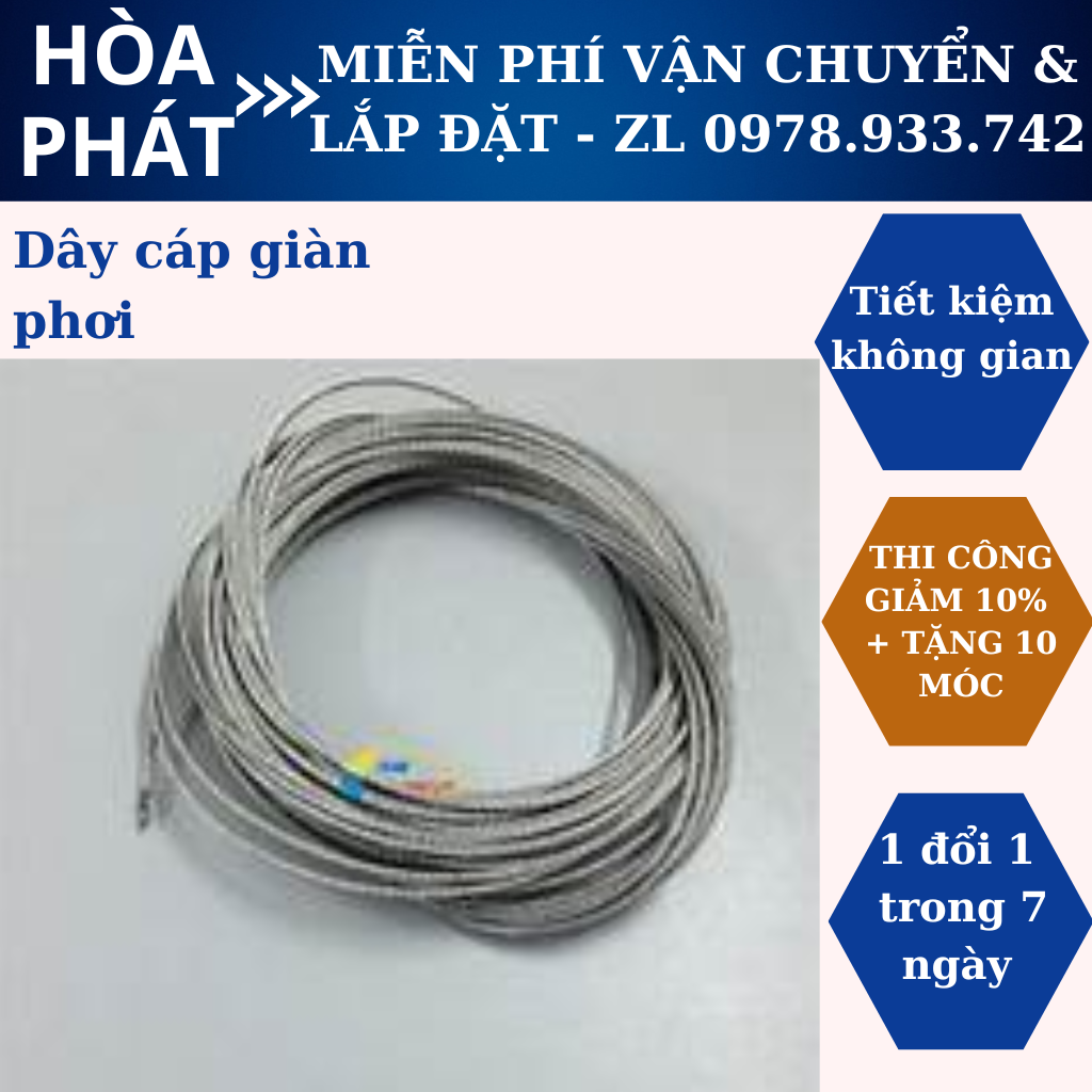 Dây cáp giàn phơi thông minh Hoà Phát inox 304 chống han gỉ, sờn đứt