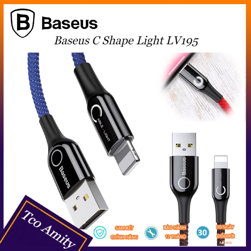 Cáp sạc Lightning tự ngắt thông minh Baseus C Shape Light LV195 cho iPhone 2.4A, T21 Tco Amity Sạc nhanh, Sợi Carbon Siêu Bền, LED bảo hành 12 tháng