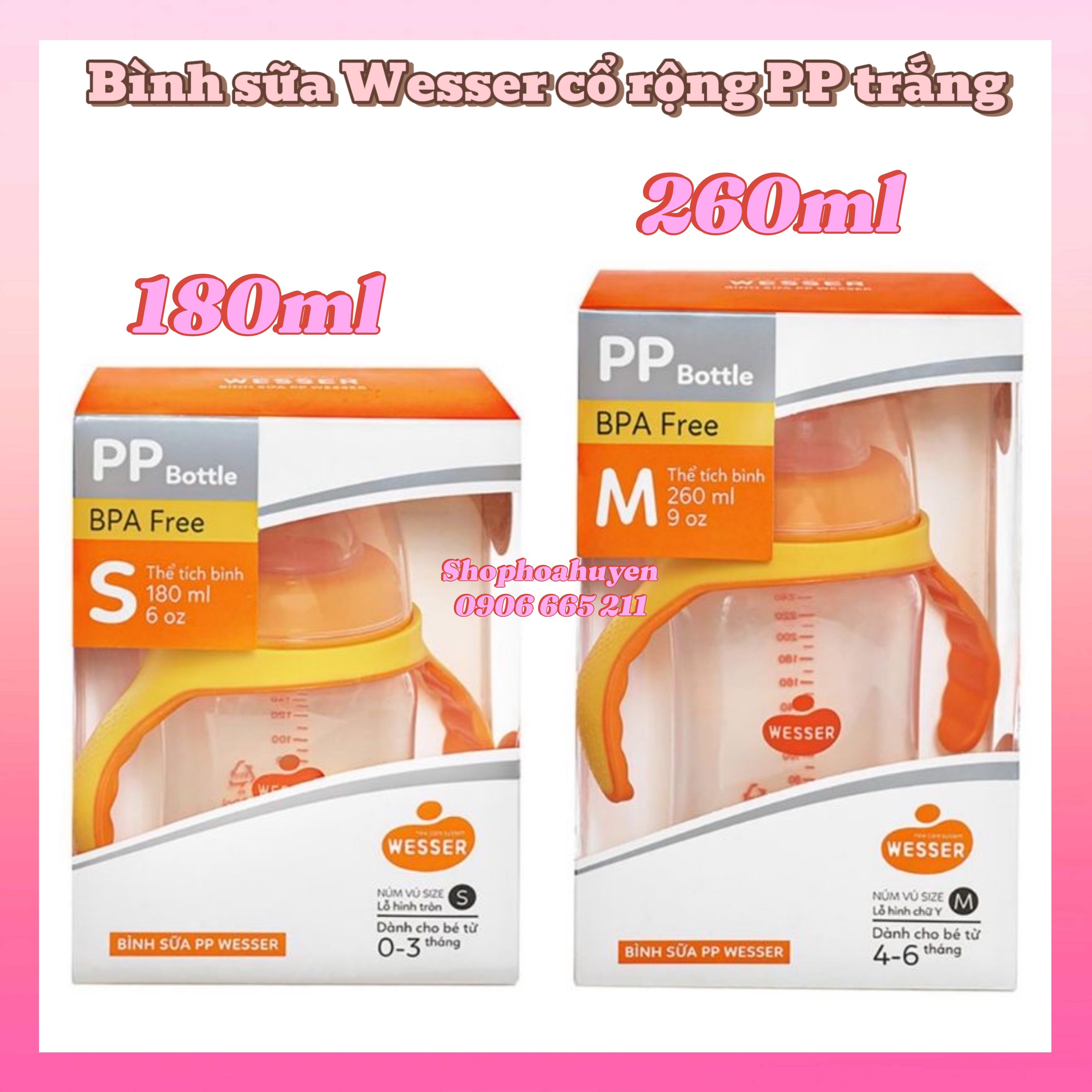 Bình sữa wesser cổ rộng pp trắng 260ml và 180ml kèm tay cầm cam kết hàng chính hãng