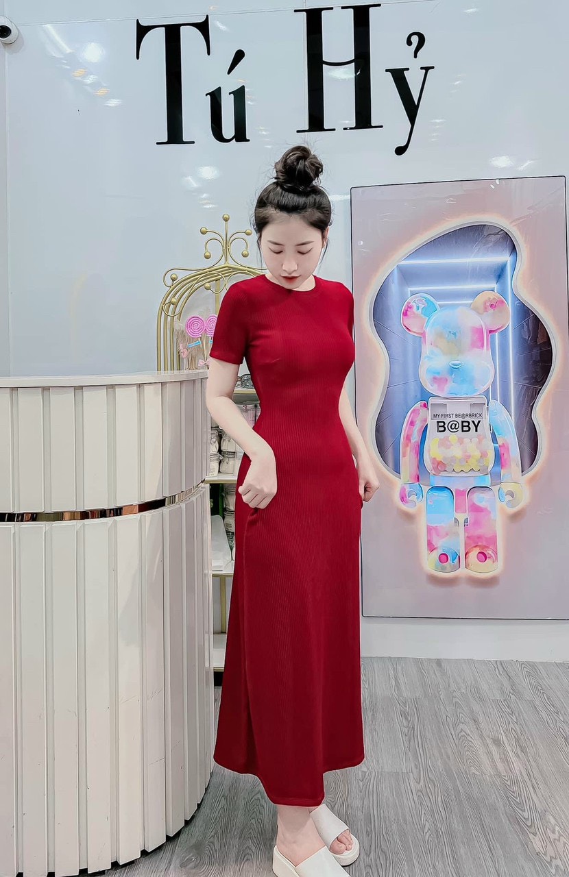 Đầm ôm body sang trọng dáng ôm dài tay ngắn cổ tròn thun len tăm sang trọng đi tiệc