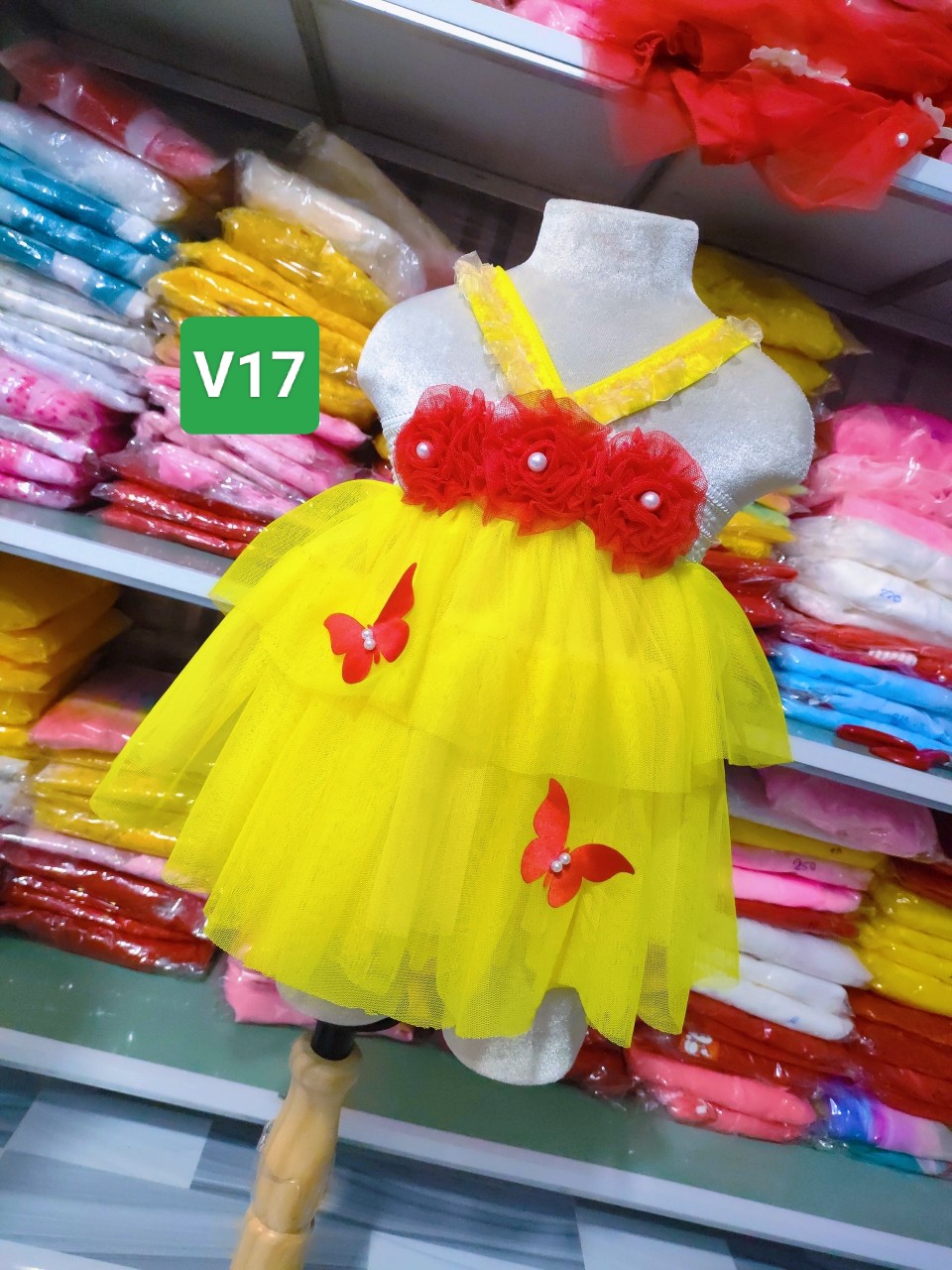 Đầm công chúa bé gái, váy công chúa màu vàng phối hoa tiểu thư điệu đà cho bé gái V17