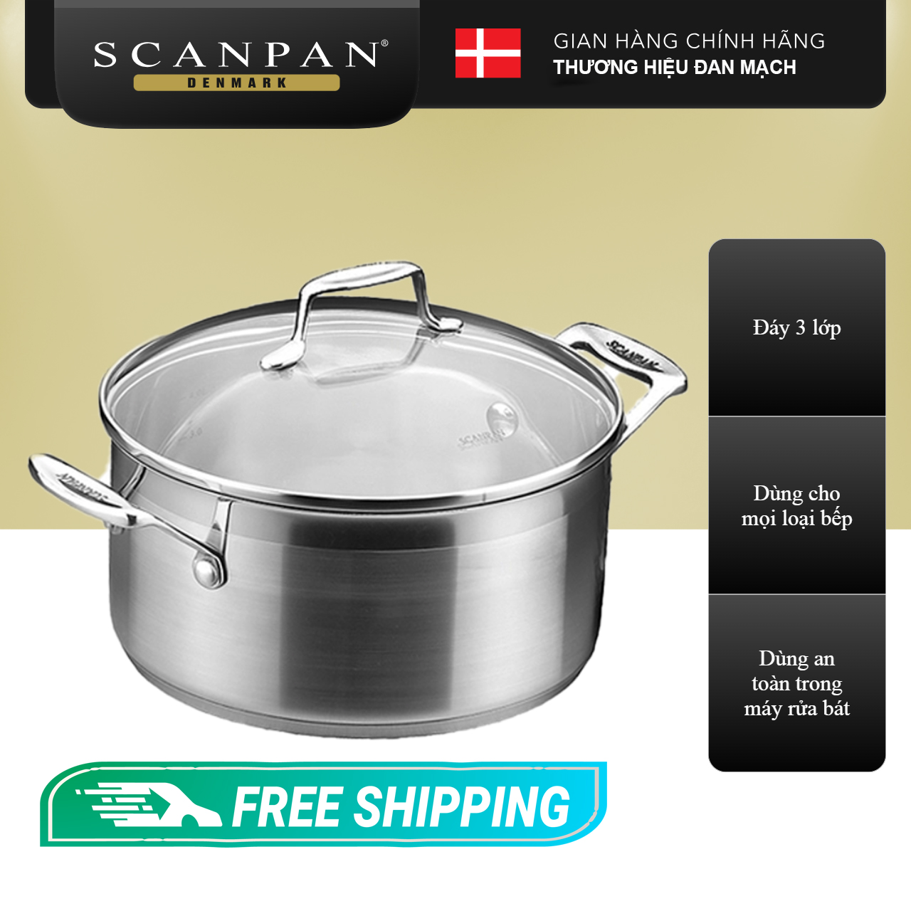 Nồi inox đáy từ Scanpan Impact 24cm 71252400 4,8L, thiết kế 3 lớp, dùng an toàn trong máy rửa bát