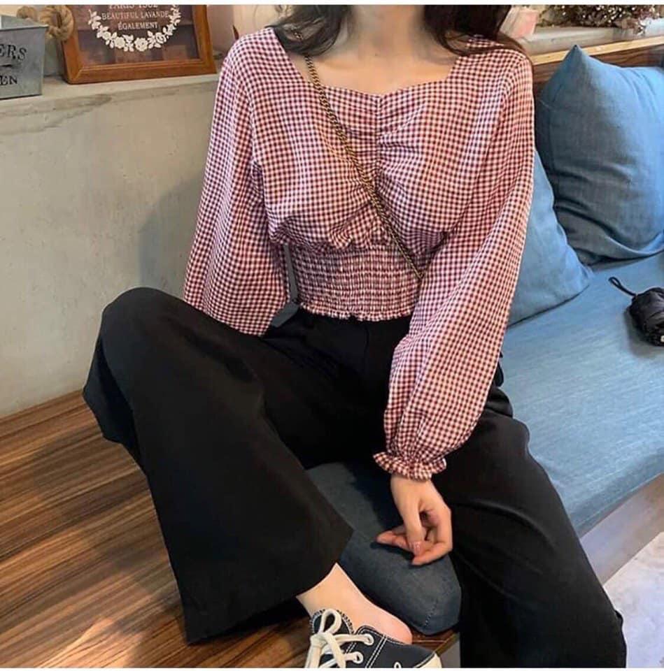 ( ẢNH THẬT) ÁO CỔ VUÔNG CRTOP KẺ CARO BO CHUN TAY VIỀN DƯỚI ÁO RÚT GIỮA THỜI TRANG HÀN QUỐC, AMELIA