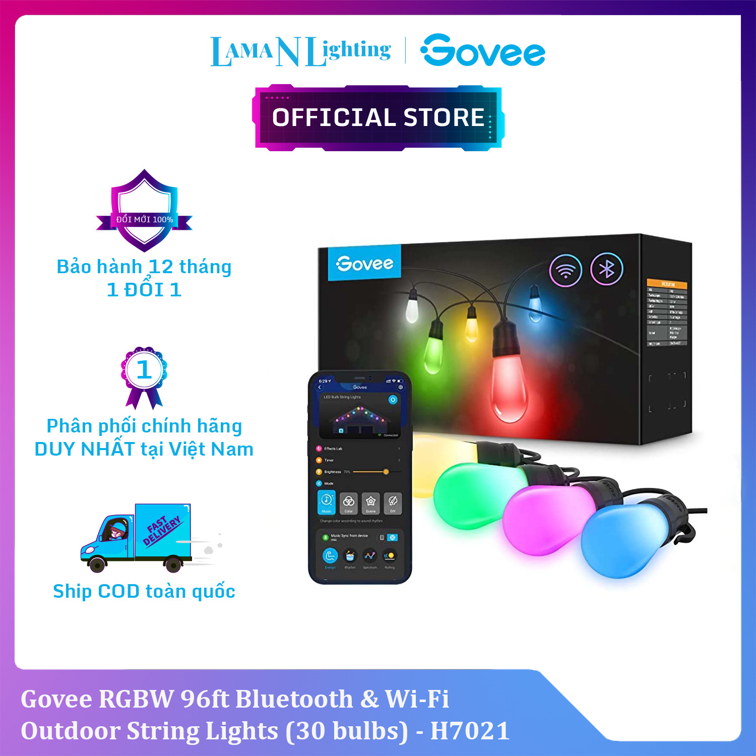 Dây bóng đèn trang trí ngoài trời chống nước Govee RGBW Outdoor String Lights H7021 | Kích thước 30M, 16 triệu màu