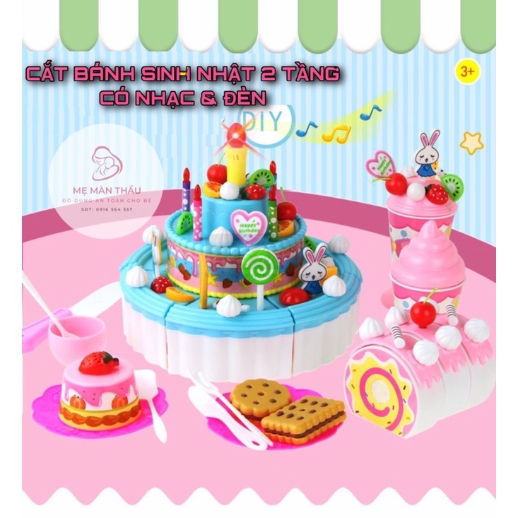 Đồ chơi hình bánh sinh nhật 2 tầng cắt trái cây kèm đèn và nhạc cho bé.