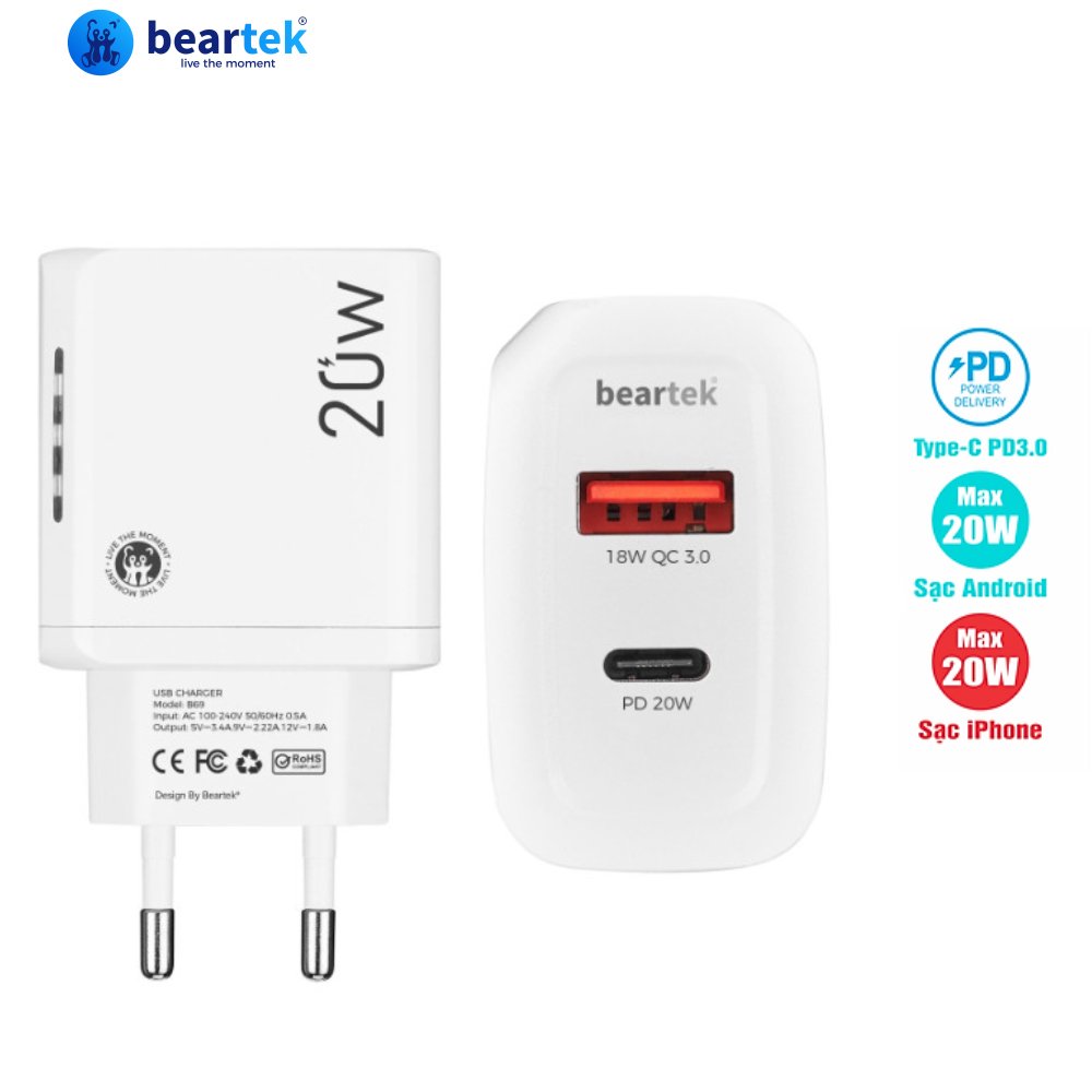 Củ Sạc Nhanh BEARTEK 20W PD3.0 QC3.0 – Adapter Sạc 2 Cổng Tiện Dụng - Hàng Phân Phối Chính Hãng -CAP00B69