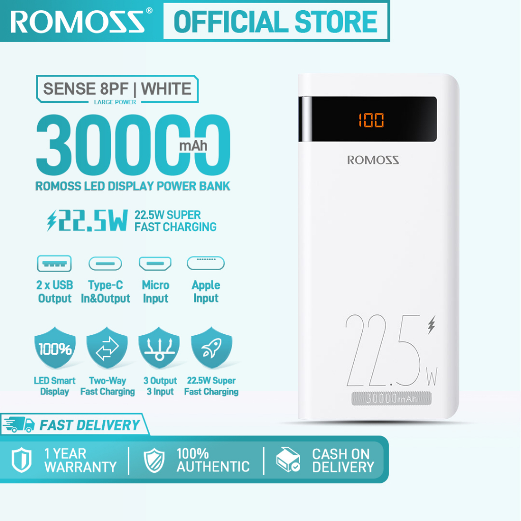 ROMOSS Sense 8PF 30000mAh Sạc nhanh Powerbank PD20W Power Bank Thương hiệu chính hãng Gói sạc nhanh Bộ sạc pin ngoài di động cho điện thoại di động Sạc sản phẩm kỹ thuật số 3C