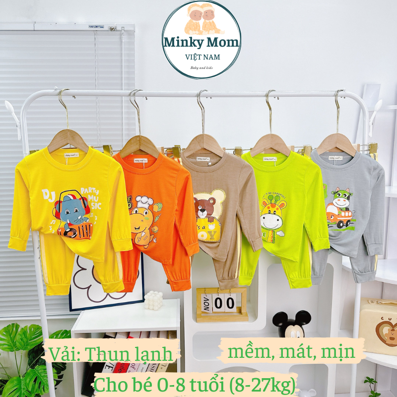 Bộ Quần Áo Trẻ Em Dài Tay Hiệu Minky Mom Vải Thun Lạnh Cho Bé Trai Bé Gái 08 tuổi tương đương cao 80130cm mặc ngủ máy lạnh mùa thu TDIN117