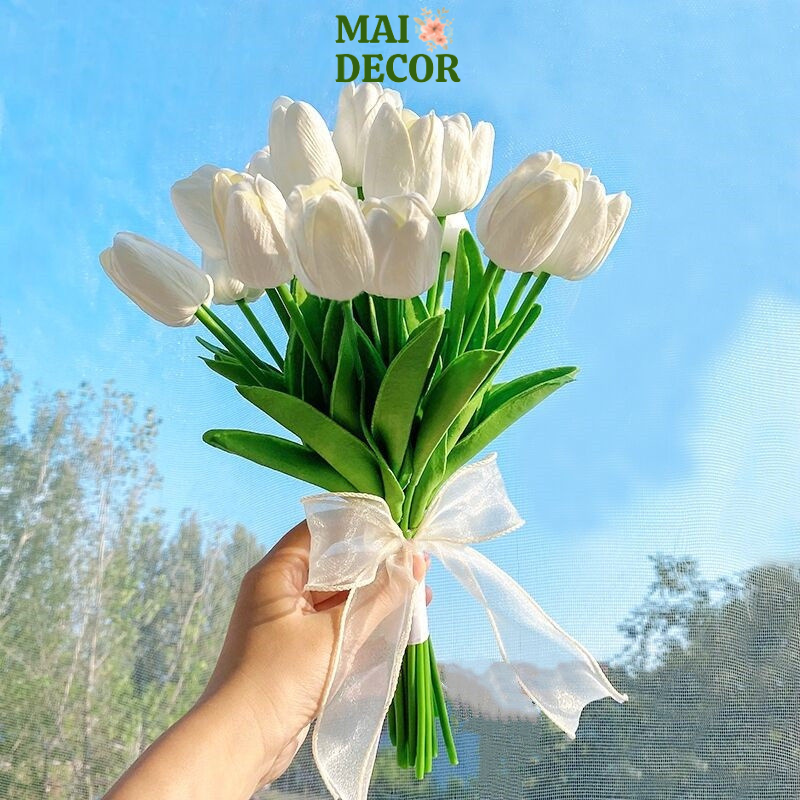 Bó hoa 10 cành tulip, bó hoa tulip giả trang trí phòng khách, phụ kiện chụp ảnh, bó hoa cưới - Mai Decor