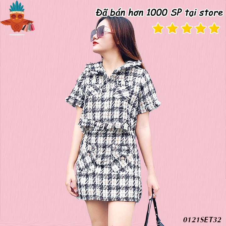 Set áo croptop dạ bố nút ngọc phối chân váy 2 túi caro kem đen THOCA HOUSE hiện đại, kiêu sa phù hợp đi làm, đi tiệc