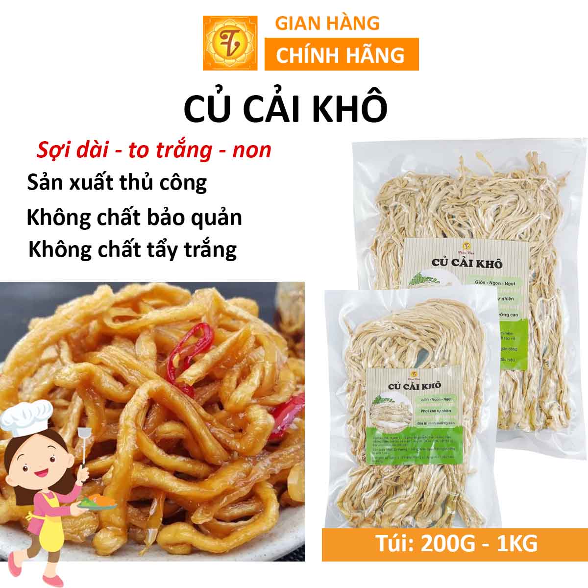 Củ cải khô, củ cải sợi trắng, không chất bảo quản, không tẩy trắng, túi 100G 200G 300G 500G 1KG