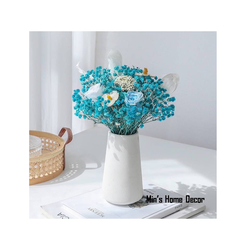 Bình hoa khô mix màu xanh decor trang trí để bàn phòng khách, hoa baby khô