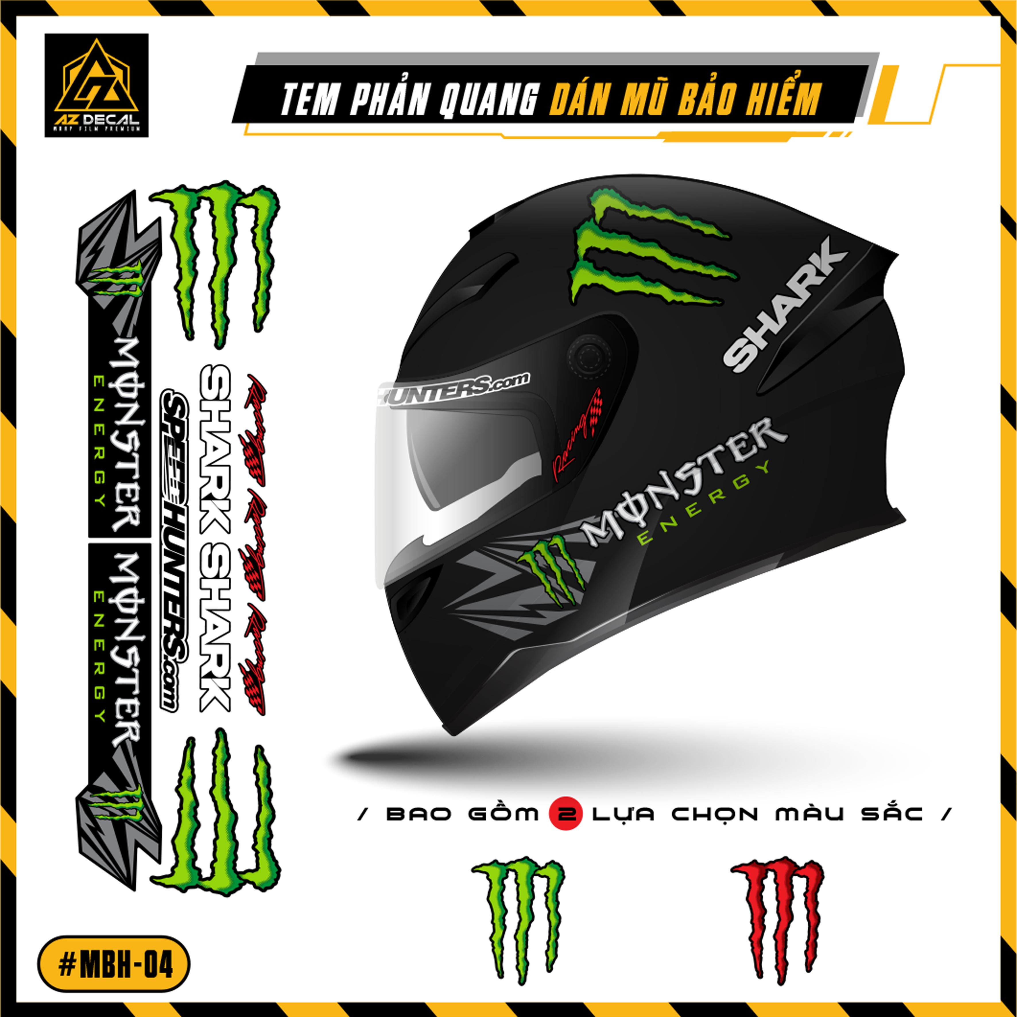 Sticker Dán Mũ Bảo Hiểm Fullface, 3/4 Mẫu Monster | MBH-04 | Tem Decal Phản Quang Dán Nón Bảo, Chống