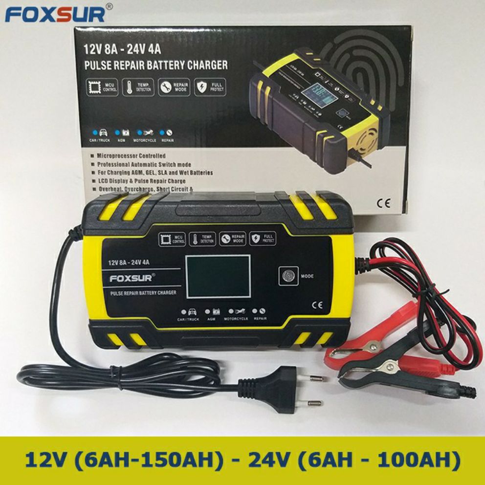 Sạc bình ắc quy 12v 24v 6ah - 150ah foxsur tự ngắt khi đầy chức năng phục hồi ắc quy bằng khử sunfat