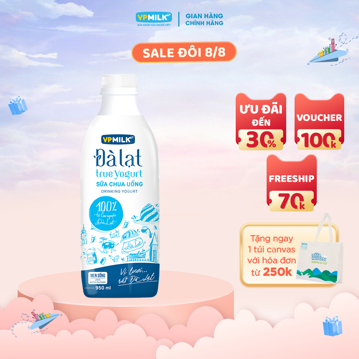 Sữa chua uống vpmilk đà lạt true yogurt chai 950ml