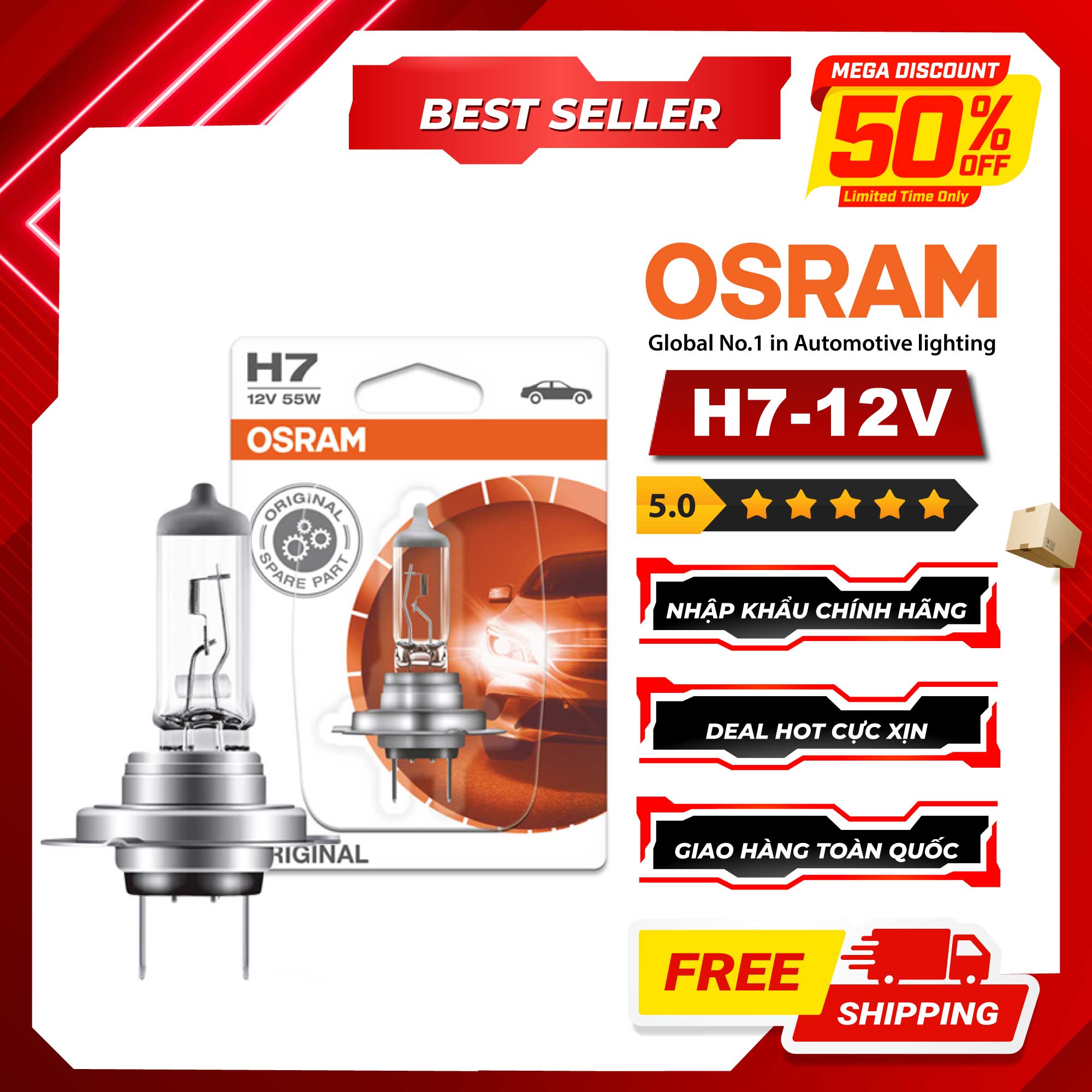 Bóng đèn halogen osram original h7 12v 55w - nhập khẩu chính hãng