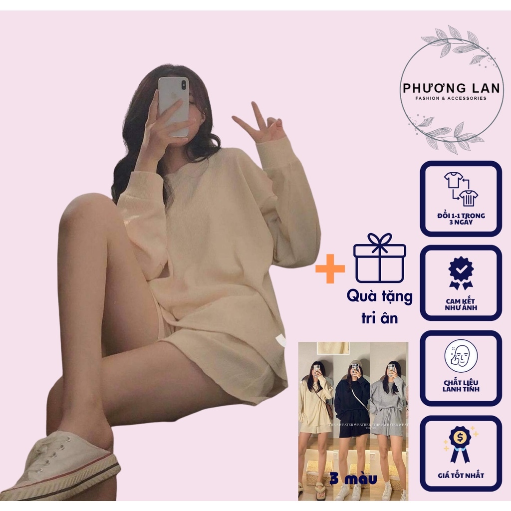 Set quần áo nữ 🌸 Bộ áo nỉ và quần đùi basic 3 màu ĐEN XÁM BE style Hàn Quốc bánh bèo ulzzang cá tính cho nữ PHULA 🌸