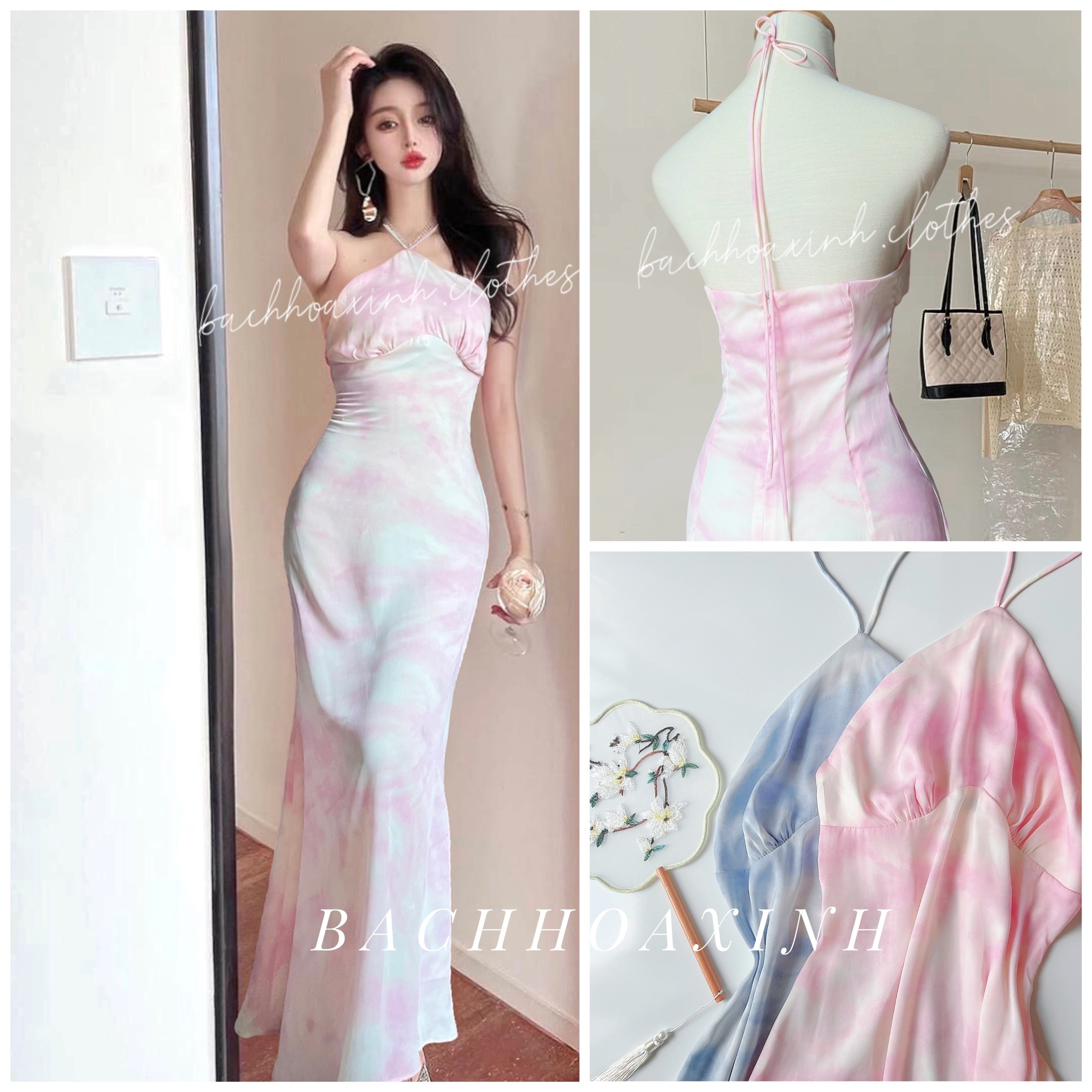 NEW | Đầm yếm Loang hở lưng dáng dài cột dây khoá lưng siêu phẩm