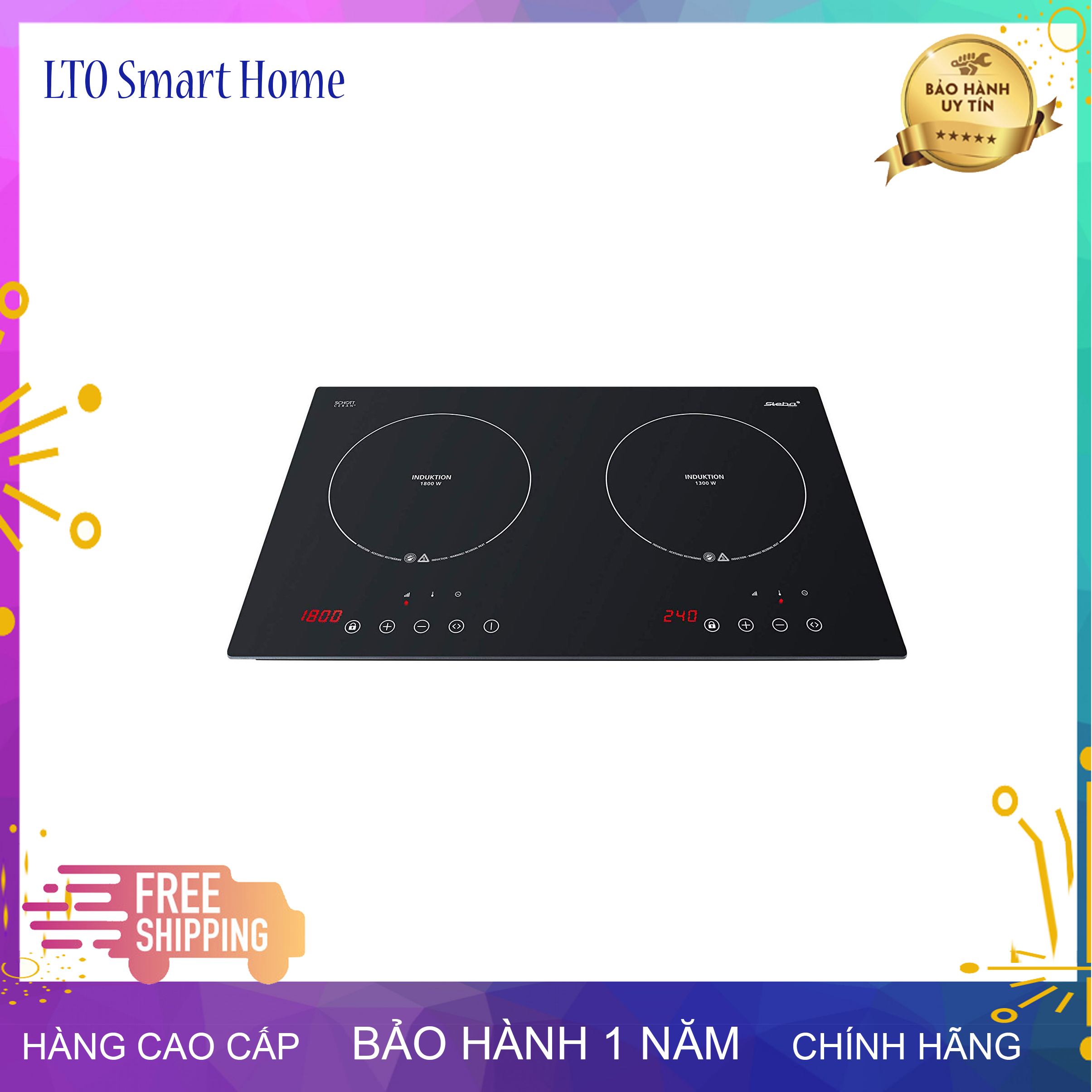 Bếp từ đôi steba ik300, mặt kính chịu lực chịu nhiệt, bếp âm công suất 3100w, diện tích nấu 28cm, phím cảm ứng có khoá trẻ em, lto smart home ms49