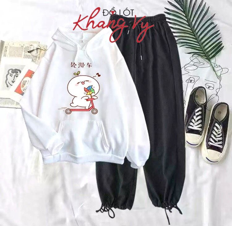 Set quần áo hoodies nữ cute, hình mầm lá trượt xe, chất liệu nỉ, bộ quần áo hoodies nữ học sinh - HOTTREND SHOP-ND