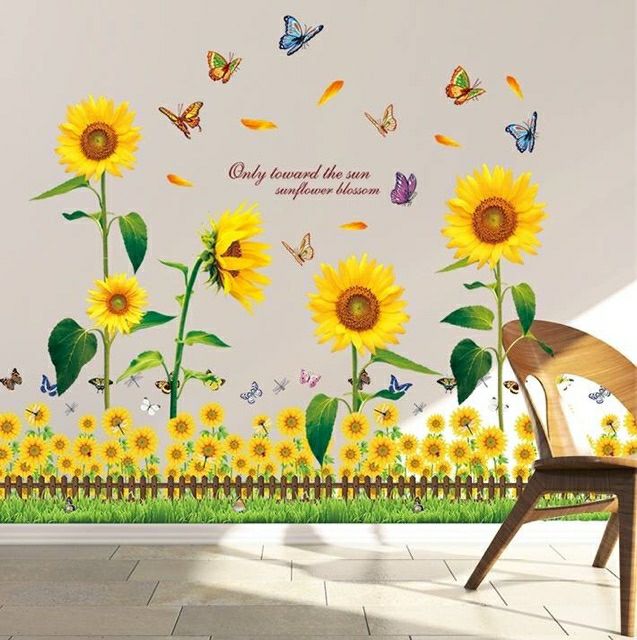 Tranh decal dán tường mẫu hoa và chân tường hướng dương.1m2x1m