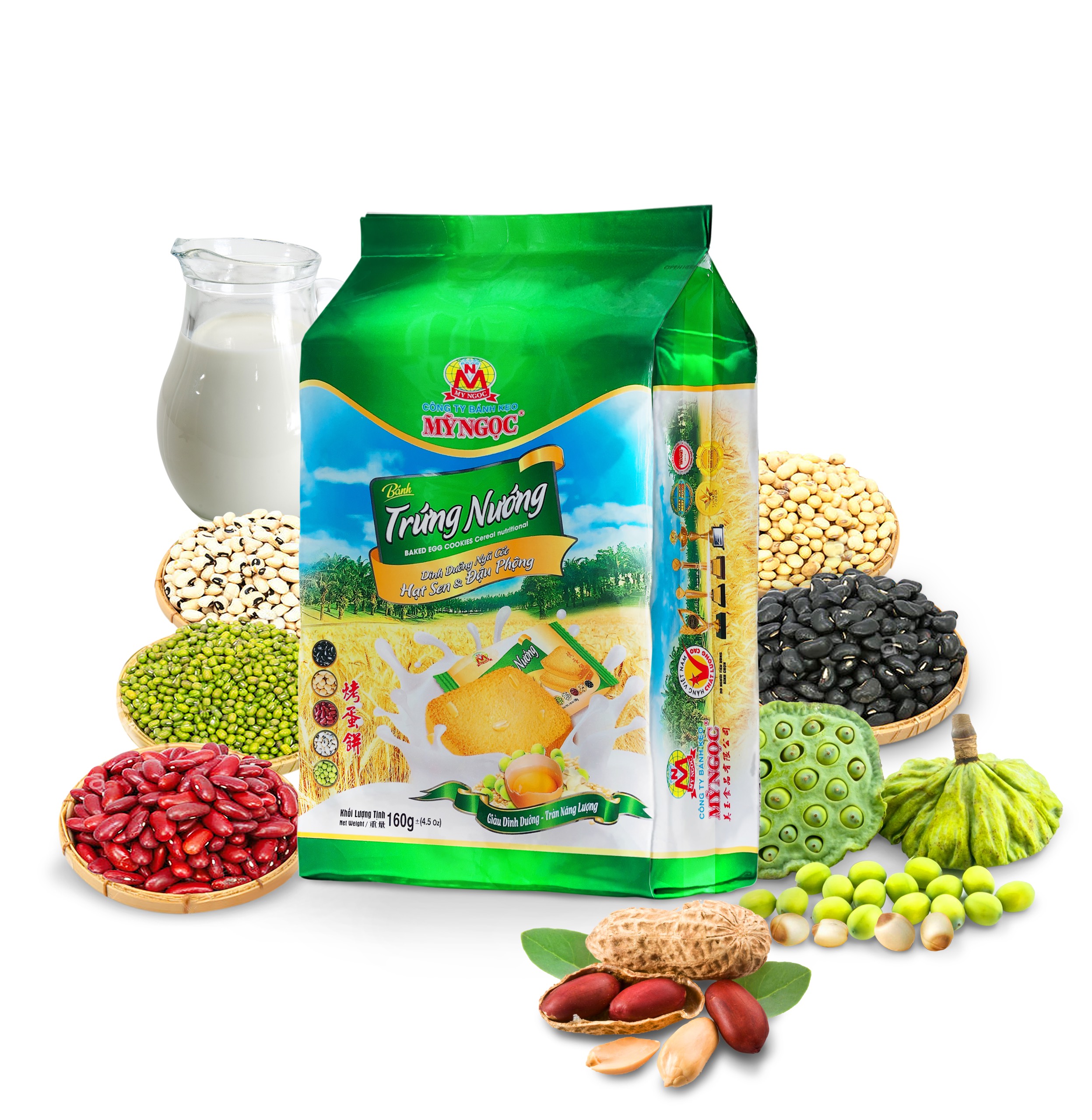 160g Bánh trứng nướng ĐẬU PHỘNG sữa tươi HẠT SEN & 5 vị NGŨ CỐC, giòn rụm GIÀU DINH DƯỠNG thêm NĂNG LƯỢNG