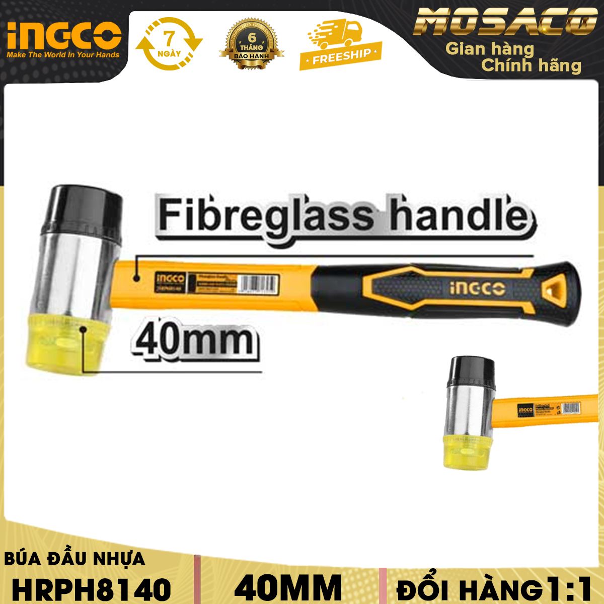Búa đầu nhựa và cao su INGCO HRPH8140 đường kính đầu búa 40mm. Búa chịu được nhiệt độ nhất đinh, có thể chịu lực, chịu va đập mạnh mà không bị biến dạng - MOSACO