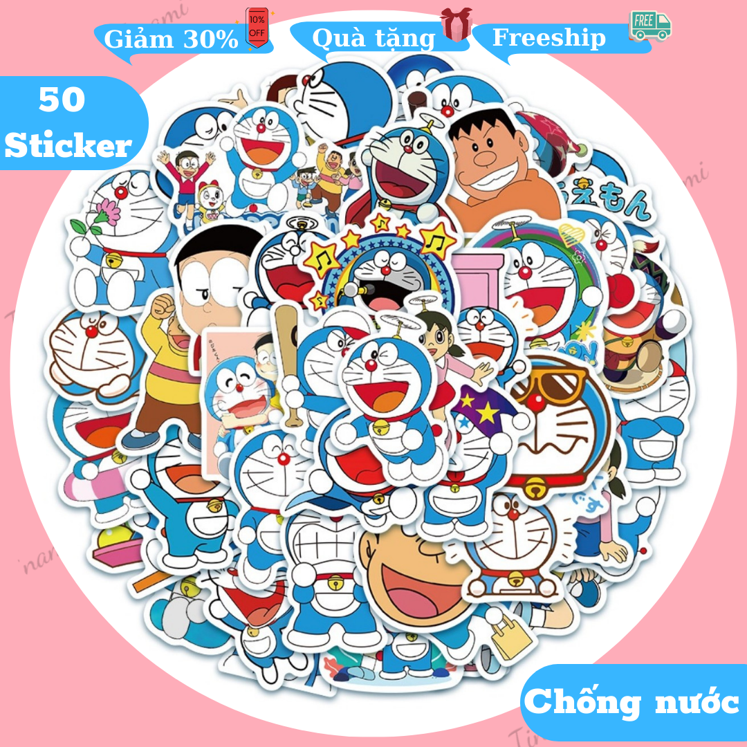 50 Sticker hoạt hình Doraemon hình dán chống nước trang trí điện thoại laptop mũ bảo hiểm decor phòng