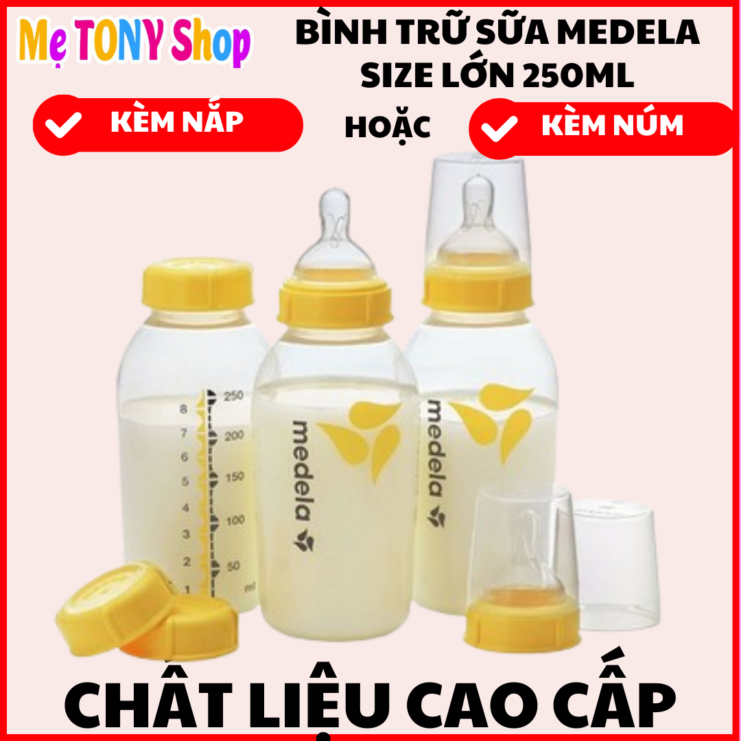   Lớn-250ml Bình Trữ Sữa Medela 250ml Kèm Nắp Núm Ti Tách Lẻ Từ Hộp 3 Bình  
