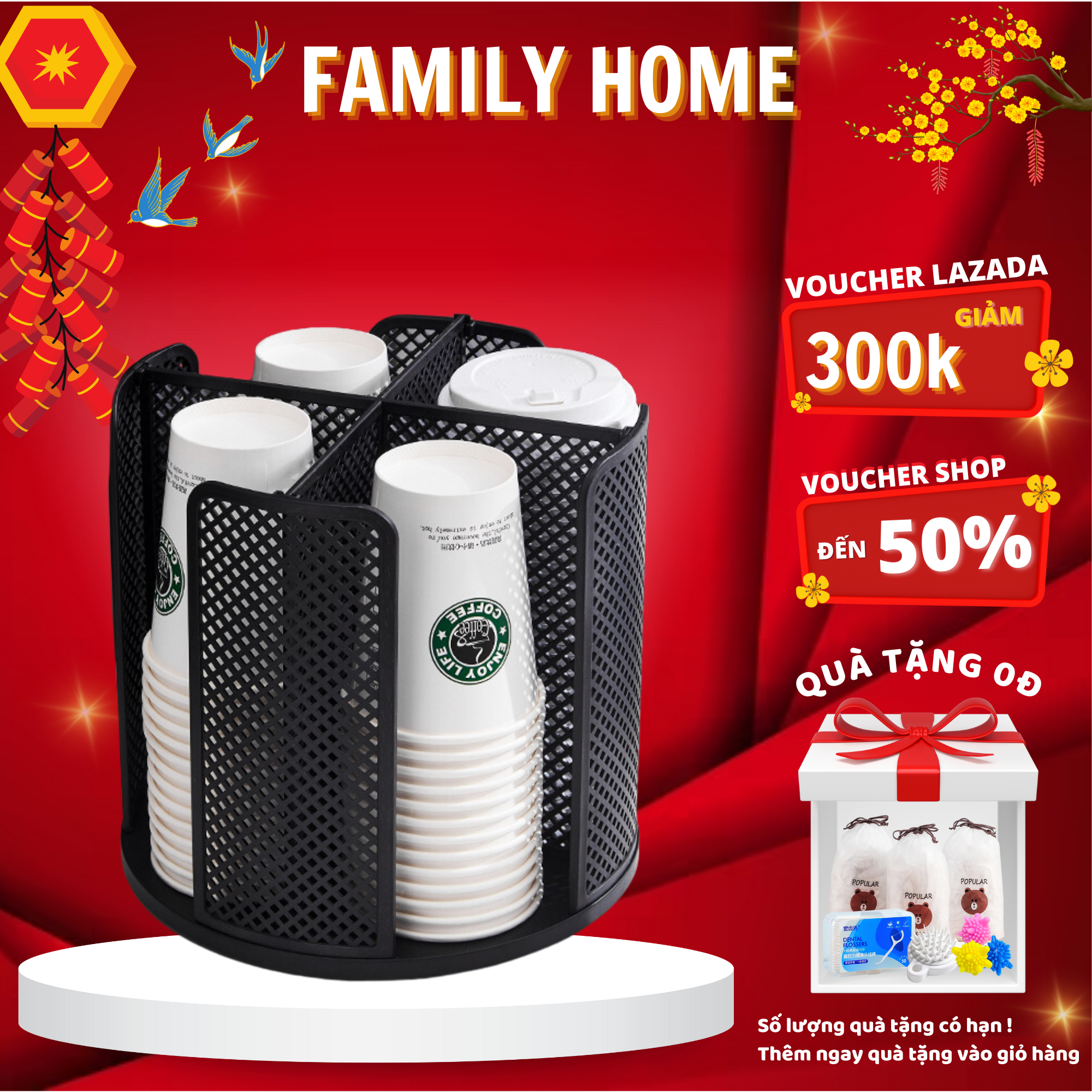 Kệ đựng ly, cốc nhựa chia ngăn xoay 360 độ, giá để cốc cà phê, kệ ly nhựa, đựng trà sữa chất liệu nhựa ps cao cấp kz360